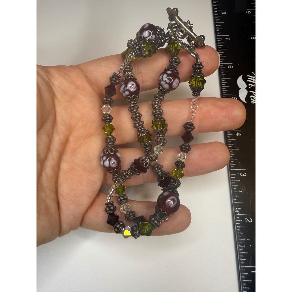 Handmade Lampwork Glass Beaded Necklace Plum Green‎ Silver Tone Toggle Clasp 18"